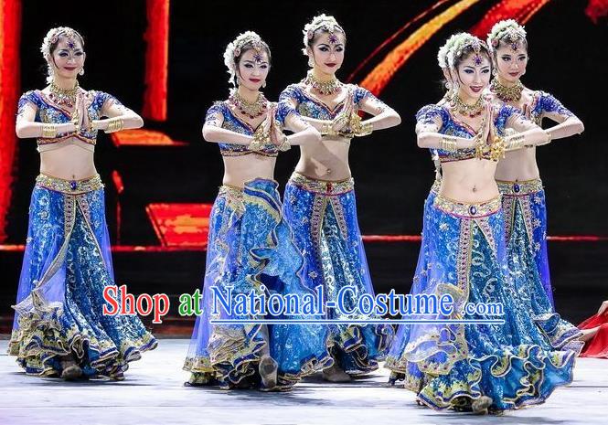 Traditional Indian Classical Dance Costume, India Belly Dance Raks Sharki Blue Dress for Women