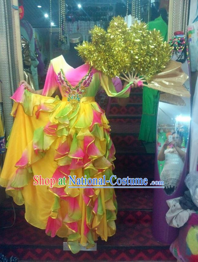 Chinese Classic Stage Performance Dance Costumes, Opening Dance Competition Yellow Dress, Classic Big Swing Dance Clothing for Women