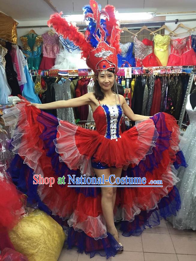 Chinese Classic Stage Performance Dance Costumes, Opening Dance Competition Red Dress, Folk Dance Classic Carnival Clothing for Women