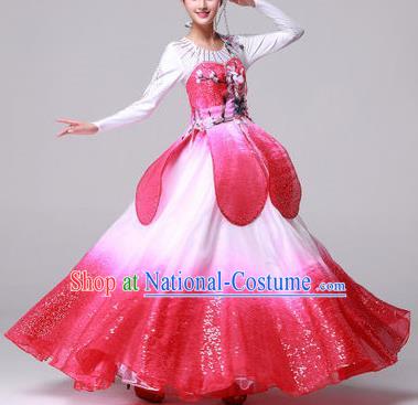 Chinese Classic Stage Performance Dance Costumes, Opening Dance Competition Pink Dress, Folk Lotus Dance Classic Big Swing Clothing for Women