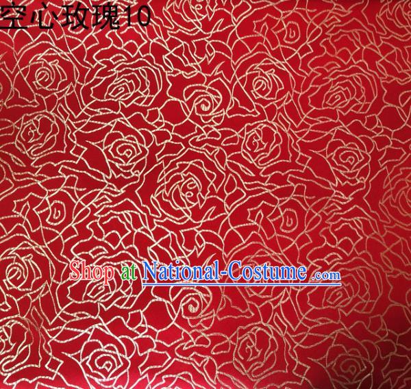 Asian Chinese Traditional Jacquard Weave Embroidered Golden Rose Flowers Red Satin Silk Fabric, Top Grade Brocade Tang Suit Hanfu Coat Dress Fabric Cheongsam Cloth Material