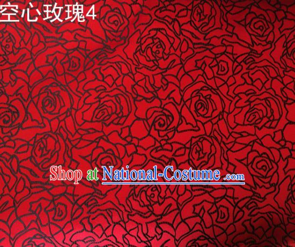 Asian Chinese Traditional Jacquard Weave Embroidered Black Rose Flowers Red Satin Silk Fabric, Top Grade Brocade Tang Suit Hanfu Coat Dress Fabric Cheongsam Cloth Material