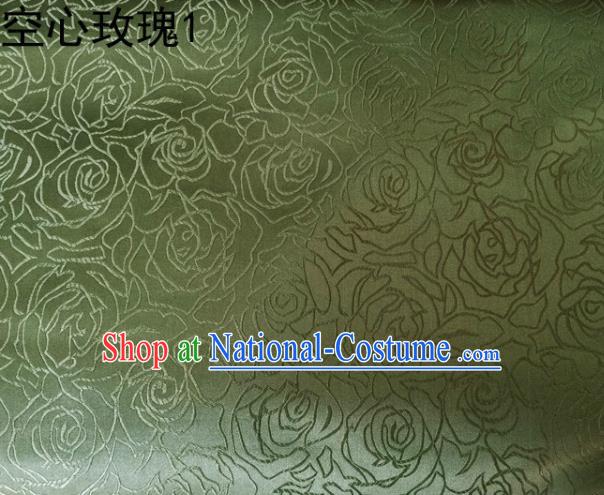 Asian Chinese Traditional Jacquard Weave Embroidered Rose Flowers Green Satin Silk Fabric, Top Grade Brocade Tang Suit Hanfu Coat Dress Fabric Cheongsam Cloth Material