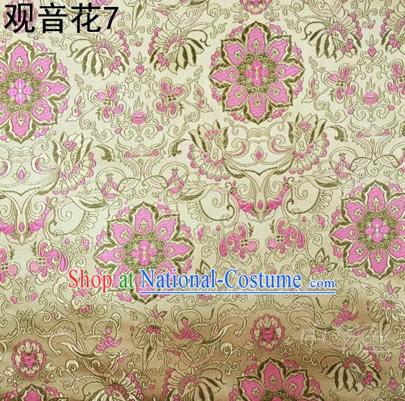 Asian Chinese Traditional Embroidering Avalokitesvara Flowers Thangka Satin Golden Silk Fabric, Top Grade Brocade Tang Suit Hanfu Full Dress Fabric Cheongsam Cloth Material