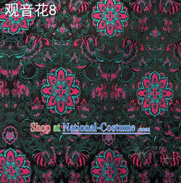 Asian Chinese Traditional Embroidering Avalokitesvara Flowers Thangka Satin Atrovirens Silk Fabric, Top Grade Brocade Tang Suit Hanfu Full Dress Fabric Cheongsam Cloth Material