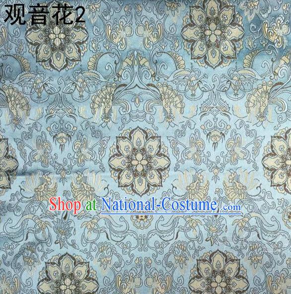 Asian Chinese Traditional Embroidering Avalokitesvara Flowers Thangka Satin Light Blue Silk Fabric, Top Grade Brocade Tang Suit Hanfu Full Dress Fabric Cheongsam Cloth Material