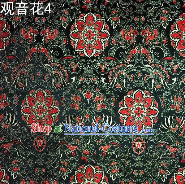 Asian Chinese Traditional Embroidering Avalokitesvara Flowers Thangka Satin Deep Green Silk Fabric, Top Grade Brocade Tang Suit Hanfu Full Dress Fabric Cheongsam Cloth Material