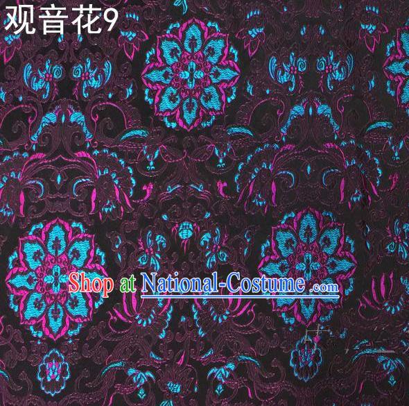 Asian Chinese Traditional Embroidering Avalokitesvara Flowers Thangka Satin Purple Silk Fabric, Top Grade Brocade Tang Suit Hanfu Full Dress Fabric Cheongsam Cloth Material