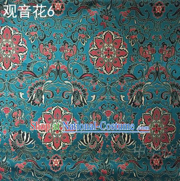 Asian Chinese Traditional Embroidering Avalokitesvara Flowers Thangka Satin Green Silk Fabric, Top Grade Brocade Tang Suit Hanfu Full Dress Fabric Cheongsam Cloth Material