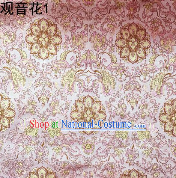 Asian Chinese Traditional Embroidering Avalokitesvara Flowers Thangka Satin Pink Silk Fabric, Top Grade Brocade Tang Suit Hanfu Full Dress Fabric Cheongsam Cloth Material