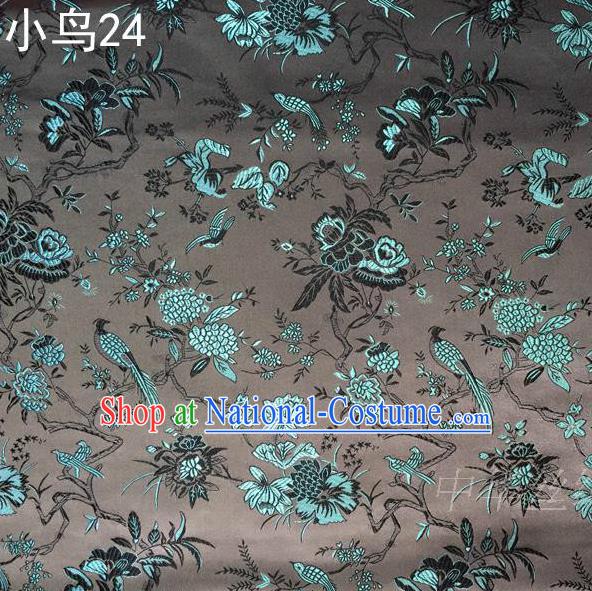 Asian Chinese Traditional Embroidery Magpie Peony Satin Grey Silk Fabric, Top Grade Brocade Tang Suit Hanfu Full Dress Fabric Cheongsam Cloth Material