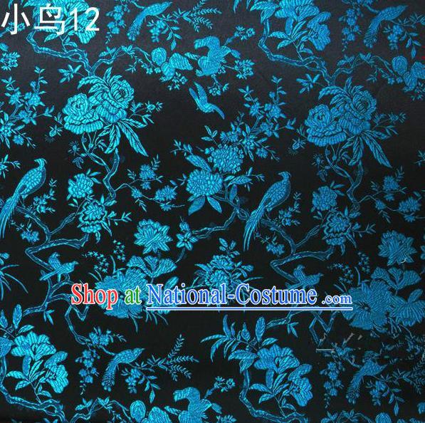 Asian Chinese Traditional Embroidery Magpie Peony Satin Navy Silk Fabric, Top Grade Brocade Tang Suit Hanfu Full Dress Fabric Cheongsam Cloth Material