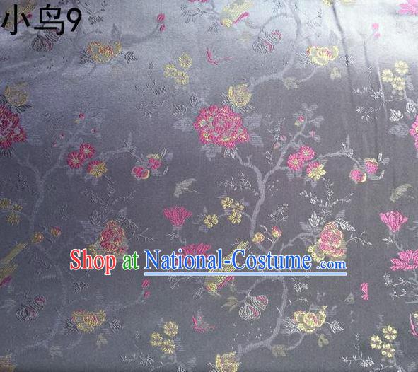 Asian Chinese Traditional Embroidery Magpie Peony Satin Sliver Silk Fabric, Top Grade Brocade Tang Suit Hanfu Full Dress Fabric Cheongsam Cloth Material