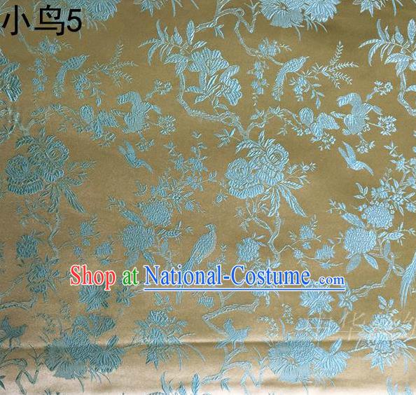 Asian Chinese Traditional Embroidery Magpie Peony Satin Golden Silk Fabric, Top Grade Brocade Tang Suit Hanfu Full Dress Fabric Cheongsam Cloth Material