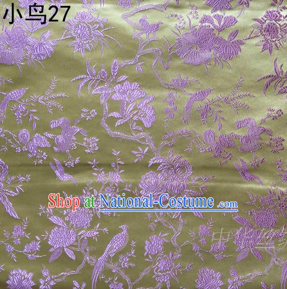 Asian Chinese Traditional Embroidery Pink Magpie Peony Satin Yellow Silk Fabric, Top Grade Brocade Tang Suit Hanfu Full Dress Fabric Cheongsam Cloth Material