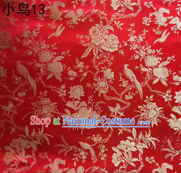 Asian Chinese Traditional Embroidery Golden Magpie Peony Satin Red Silk Fabric, Top Grade Brocade Tang Suit Hanfu Full Dress Fabric Cheongsam Cloth Material