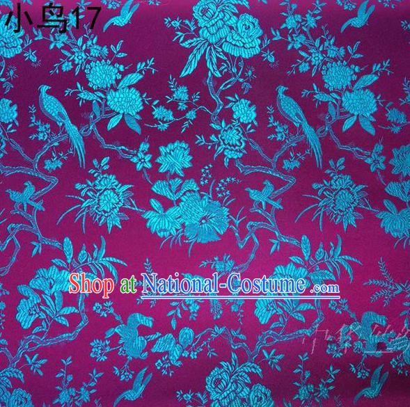 Asian Chinese Traditional Embroidery Blue Magpie Peony Satin Rosy Silk Fabric, Top Grade Brocade Tang Suit Hanfu Full Dress Fabric Cheongsam Cloth Material