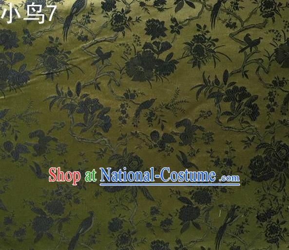 Asian Chinese Traditional Embroidery Magpie Peony Satin Olive Green Silk Fabric, Top Grade Brocade Tang Suit Hanfu Full Dress Fabric Cheongsam Cloth Material