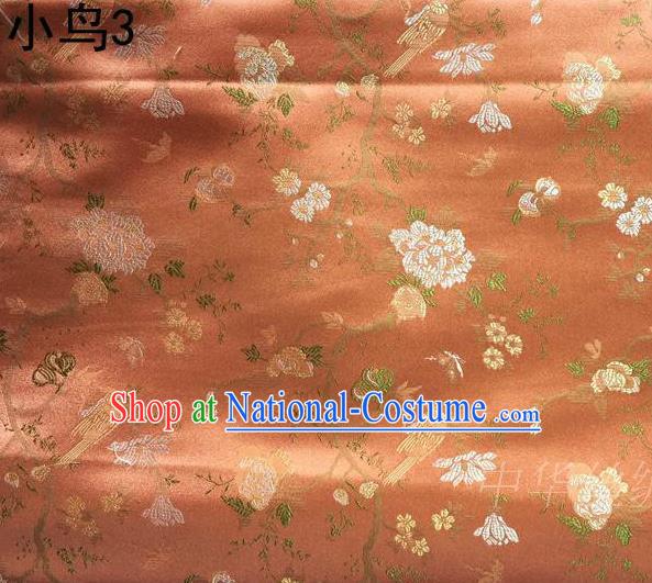 Asian Chinese Traditional Embroidery Magpie Peony Satin Orange Silk Fabric, Top Grade Brocade Tang Suit Hanfu Full Dress Fabric Cheongsam Cloth Material