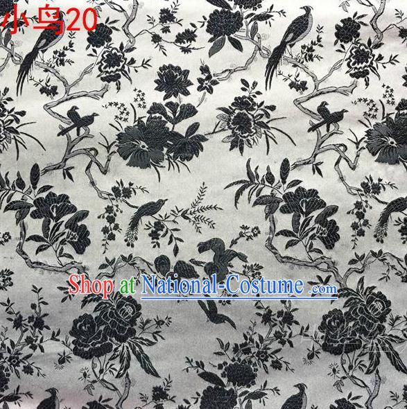 Asian Chinese Traditional Embroidery Black Magpie Peony Satin White Silk Fabric, Top Grade Brocade Tang Suit Hanfu Full Dress Fabric Cheongsam Cloth Material