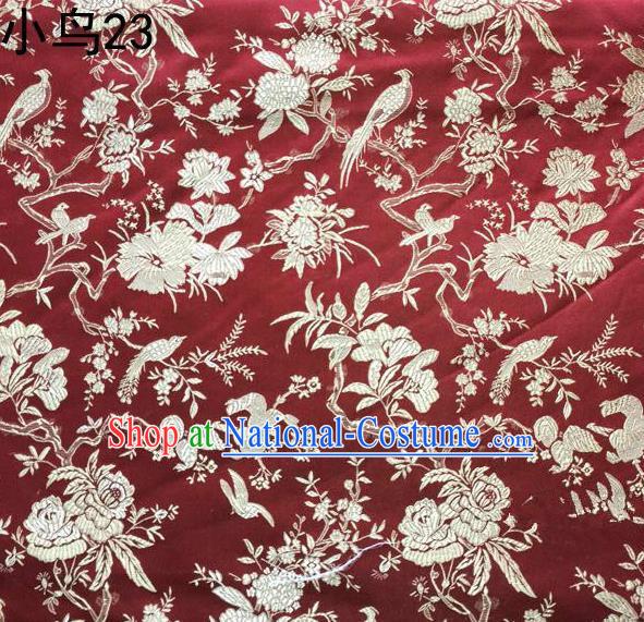 Asian Chinese Traditional Embroidery Golden Magpie Peony Satin Wine Red Silk Fabric, Top Grade Brocade Tang Suit Hanfu Full Dress Fabric Cheongsam Cloth Material