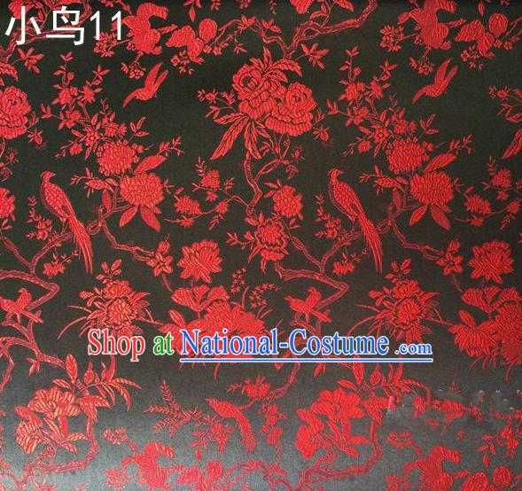 Asian Chinese Traditional Embroidery Red Magpie Peony Satin Black Silk Fabric, Top Grade Brocade Tang Suit Hanfu Full Dress Fabric Cheongsam Cloth Material