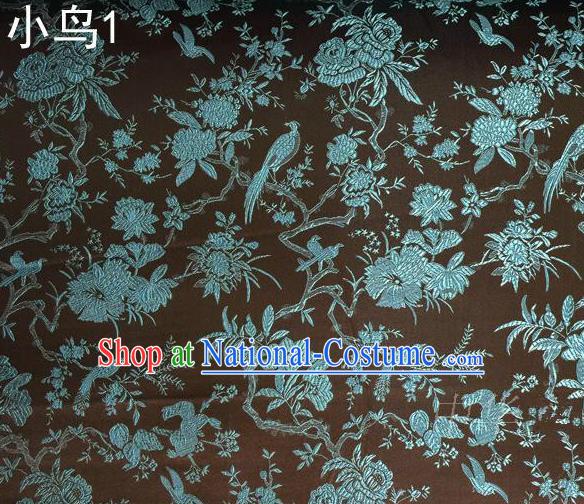 Asian Chinese Traditional Embroidery Magpie Peony Satin Coffee Silk Fabric, Top Grade Brocade Tang Suit Hanfu Full Dress Fabric Cheongsam Cloth Material