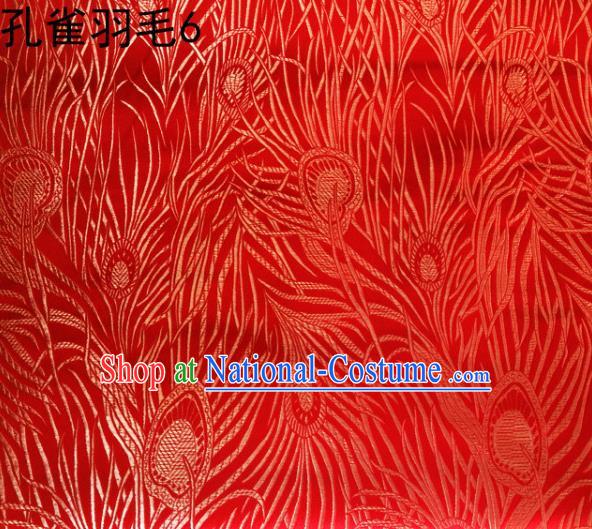 Asian Chinese Traditional Embroidery Golden Peacock Feathers Red Satin Wedding Silk Fabric, Top Grade Brocade Tang Suit Hanfu Dress Fabric Cheongsam Cloth Material