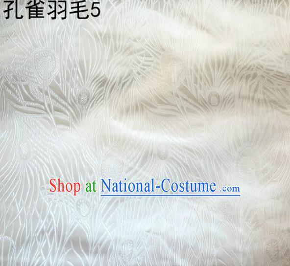 Asian Chinese Traditional Embroidery Peacock Feathers White Satin Wedding Silk Fabric, Top Grade Brocade Tang Suit Hanfu Dress Fabric Cheongsam Cloth Material