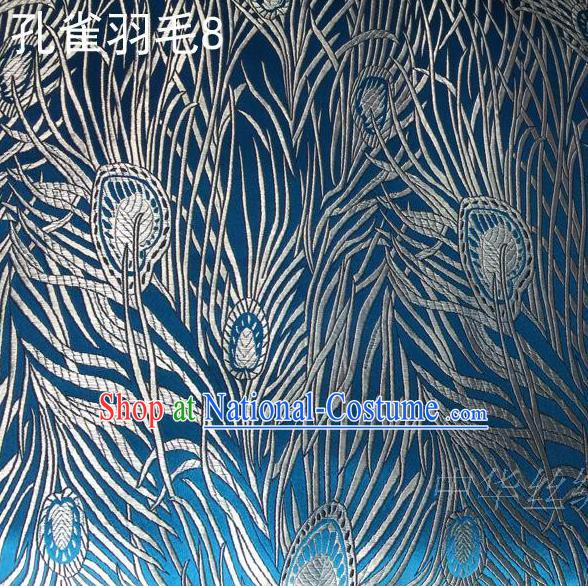 Asian Chinese Traditional Embroidery Peacock Feathers Blue Satin Wedding Silk Fabric, Top Grade Brocade Tang Suit Hanfu Dress Fabric Cheongsam Cloth Material