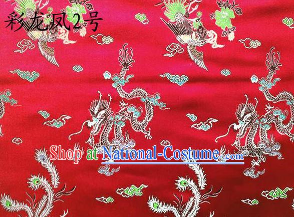 Asian Chinese Traditional Embroidery Colorful Dragon and Phoenix Bringing Prosperity Red Satin Silk Fabric, Top Grade Tibetan Brocade Tang Suit Hanfu Fabric Cheongsam Cloth Material