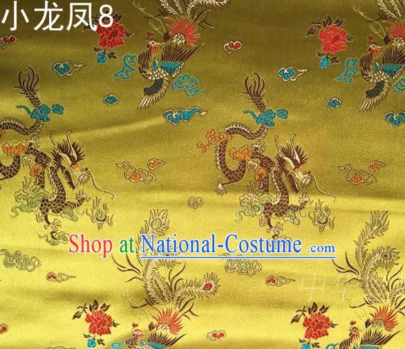 Asian Chinese Traditional Embroidery Colorful Dragon and Phoenix Bringing Prosperity Golden Satin Silk Fabric, Top Grade Tibetan Brocade Tang Suit Hanfu Fabric Cheongsam Cloth Material