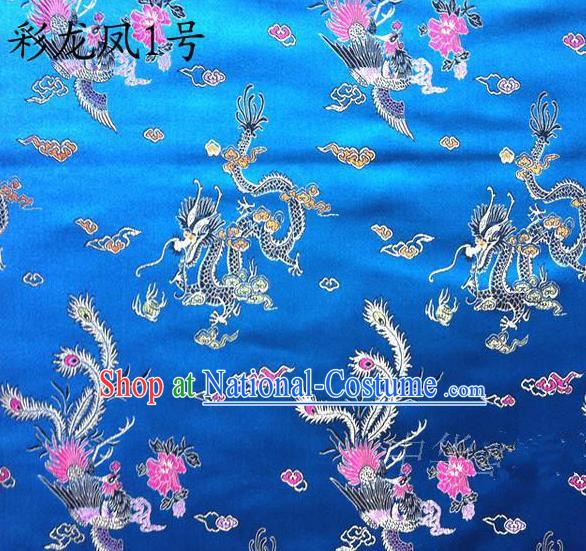 Asian Chinese Traditional Embroidery Colorful Dragon and Phoenix Bringing Prosperity Royalblue Satin Silk Fabric, Top Grade Tibetan Brocade Tang Suit Hanfu Fabric Cheongsam Cloth Material