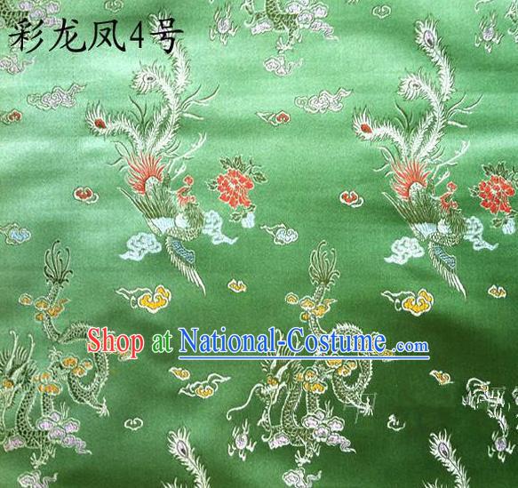 Asian Chinese Traditional Embroidery Colorful Dragon and Phoenix Bringing Prosperity Green Satin Silk Fabric, Top Grade Tibetan Brocade Tang Suit Hanfu Fabric Cheongsam Cloth Material