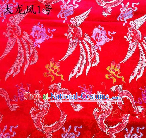 Asian Chinese Traditional Embroidery Dragon and Phoenix Bringing Prosperity Red Satin Silk Fabric, Top Grade Tibetan Brocade Tang Suit Hanfu Fabric Cheongsam Cloth Material