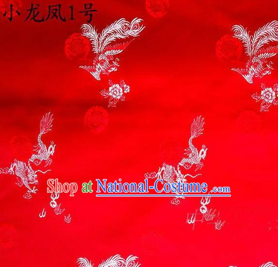 Asian Chinese Traditional Embroidery Dragon and Phoenix Bringing Prosperity Red Satin Silk Fabric, Top Grade Tibetan Brocade Tang Suit Hanfu Fabric Cheongsam Cloth Material