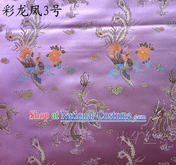 Asian Chinese Traditional Embroidery Dragon and Phoenix Bringing Prosperity Purple Satin Silk Fabric, Top Grade Tibetan Brocade Tang Suit Hanfu Fabric Cheongsam Cloth Material