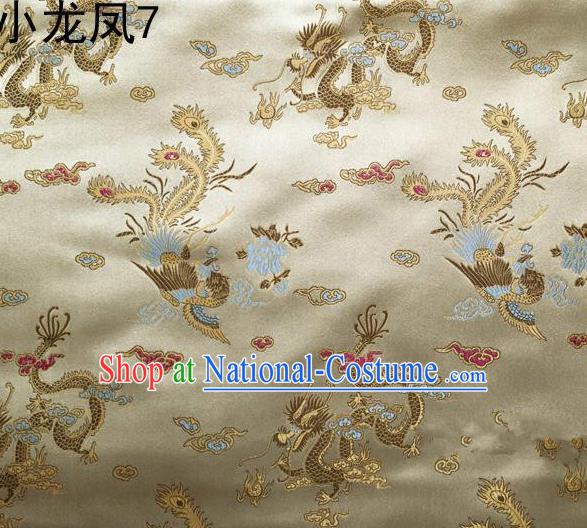 Asian Chinese Traditional Embroidery Dragon and Phoenix Bringing Prosperity Golden Satin Silk Fabric, Top Grade Tibetan Brocade Tang Suit Hanfu Fabric Cheongsam Cloth Material