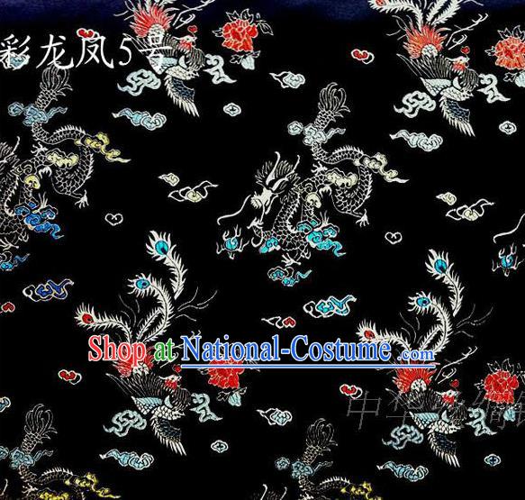 Asian Chinese Traditional Embroidery Dragon and Phoenix Bringing Prosperity Black Satin Silk Fabric, Top Grade Tibetan Brocade Tang Suit Hanfu Fabric Cheongsam Cloth Material