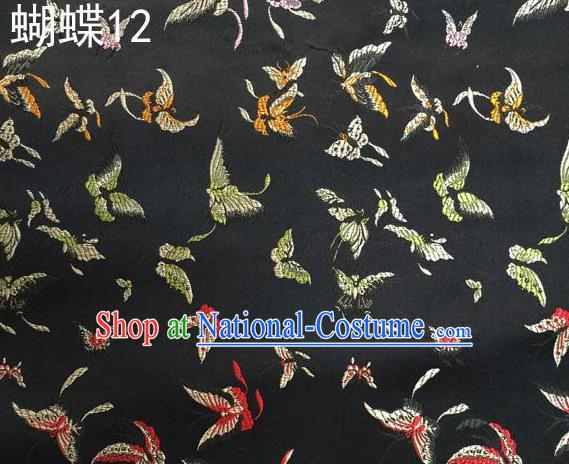 Asian Chinese Traditional Embroidery Butterflies Black Satin Silk Fabric, Top Grade Brocade Tang Suit Hanfu Fabric Cheongsam Cloth Material