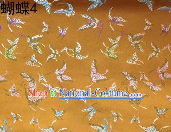 Asian Chinese Traditional Embroidery Colorful Butterflies Yellow Satin Silk Fabric, Top Grade Brocade Tang Suit Hanfu Fabric Cheongsam Cloth Material