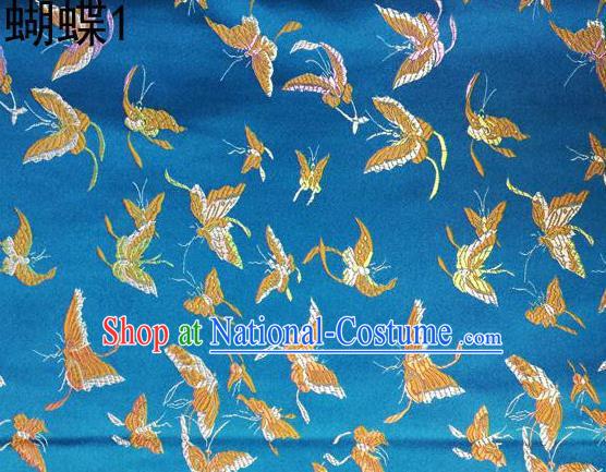 Asian Chinese Traditional Embroidery Colorful Butterflies Blue Satin Silk Fabric, Top Grade Brocade Tang Suit Hanfu Fabric Cheongsam Cloth Material