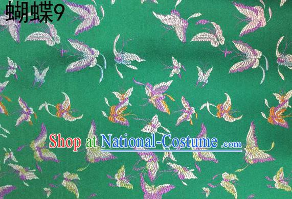 Asian Chinese Traditional Embroidery Colorful Butterflies Green Satin Silk Fabric, Top Grade Brocade Tang Suit Hanfu Fabric Cheongsam Cloth Material