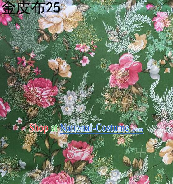 Asian Chinese Traditional Embroidery Peony Deep Green Satin Silk Fabric, Top Grade Brocade Tang Suit Hanfu Fabric Cheongsam Cloth Material