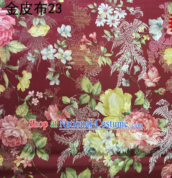 Asian Chinese Traditional Embroidery Peony Dark Red Satin Silk Fabric, Top Grade Brocade Tang Suit Hanfu Fabric Cheongsam Cloth Material