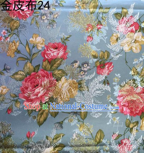 Asian Chinese Traditional Embroidery Peony Grey Blue Satin Silk Fabric, Top Grade Brocade Tang Suit Hanfu Fabric Cheongsam Cloth Material