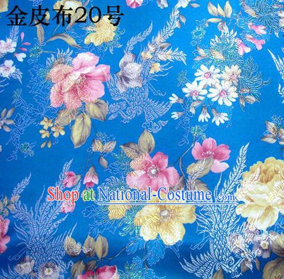 Asian Chinese Traditional Embroidery Peony Blue Satin Silk Fabric, Top Grade Brocade Tang Suit Hanfu Fabric Cheongsam Cloth Material