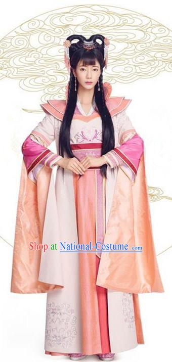 Asian Chinese Northern and Southern Dynasty Palace Lady Costume and Headpiece Complete Set, China Ancient Elegant Hanfu Clothing Princess Embroidered Dress