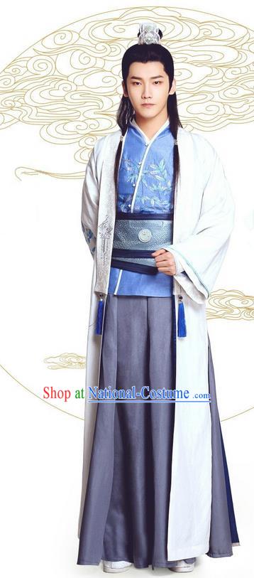 Asian Chinese Northern and Southern Dynasty Royal Highness Costume and Headpiece Complete Set, China Ancient Elegant Hanfu Nobility Childe Embroidered Robes