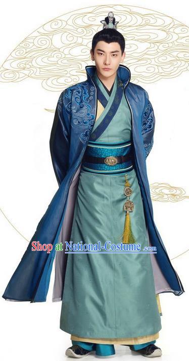 Asian Chinese Northern and Southern Dynasty Nobility Childe Costume and Headpiece Complete Set, China Ancient Elegant Hanfu Prince Embroidered Robes